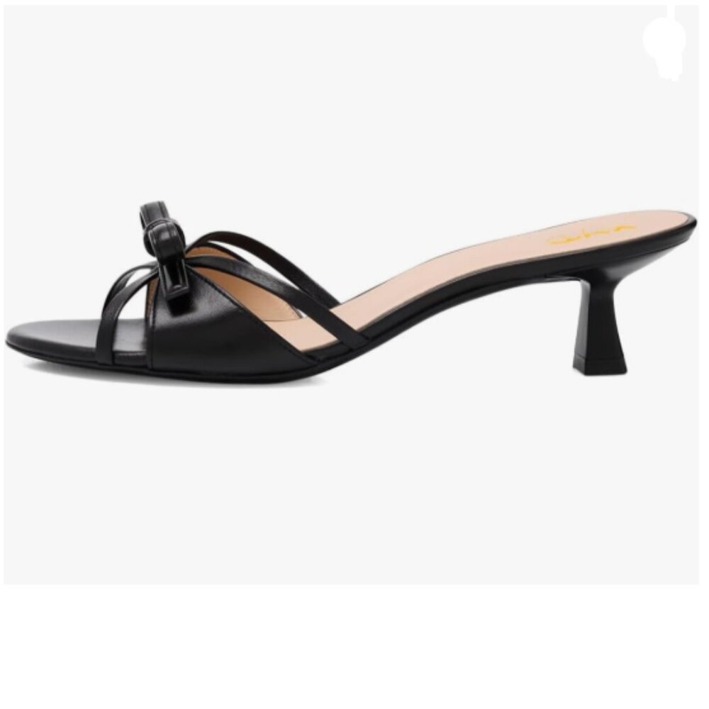 XYD Black Mules Open Toe Mid Heel Bowknot Slip-on Sandals Summer Comfy Chic Shoe